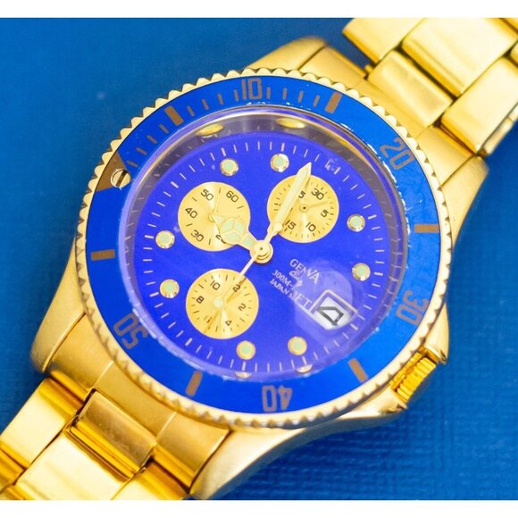 8 inch, Vintage Blue Center Gold Tone Analog Watch by Geneva - D41 - Picture 2 of 3